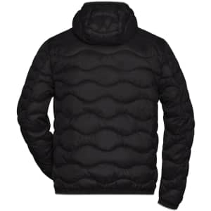 A padded jacket in black with a hood, featuring a quilted design on the back.