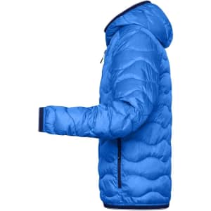 A blue padded puffer jacket with a hood and zippered pockets, featuring a logo on the sleeve.