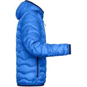 A blue padded puffer jacket with a hood, featuring a side view and a visible logo.