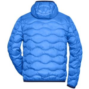 A men's padded puffer jacket in bright blue with a hood and quilted design on the back. Features a logo.