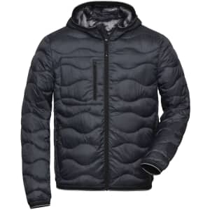 A men's black padded puffer jacket featuring a hood, zip-up front, and a chest pocket.