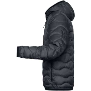 A padded men's puffer jacket in black, featuring a hood and a side view showcasing its quilted design.