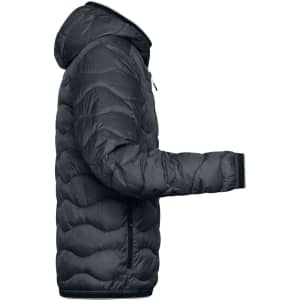 A padded puffer jacket in navy blue with a hood, featuring a side view showcasing the quilted design.