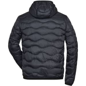 A black puffer jacket with a hood, featuring a quilted design on the back. Includes a logo.