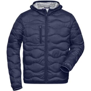A navy blue puffer jacket with a hood, featuring a zip front and a chest pocket. It has a light inner lining.