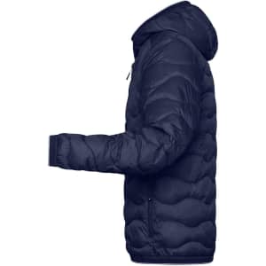A navy men's padded jacket featuring a hood and a quilted texture. It has long sleeves and a logo on the side.