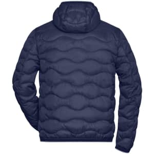A navy padded jacket featuring a quilted design and a hood, showing the back view. Includes branding.