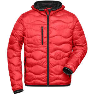 A red padded jacket with a hood and zipper details, featuring a logo and a quilted texture.
