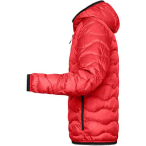 A red padded jacket with a hood, featuring a quilted design and black accents, displayed from the side.