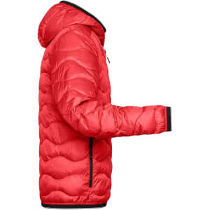 A bright red padded puffer jacket with a hood, featuring a side view displaying its quilted design.