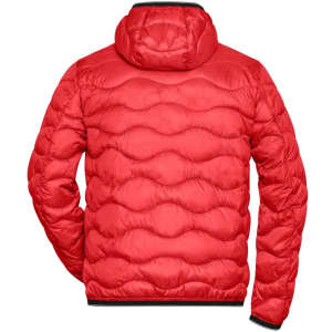 A red padded puffer jacket featuring a hood and a textured quilted design on the back.