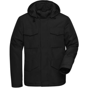 A black men's business jacket featuring a hood and multiple front pockets. The jacket has a branding logo.