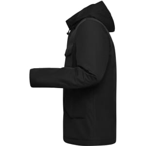 A black men's business jacket featuring a hood and side pockets, displayed in a side profile view.