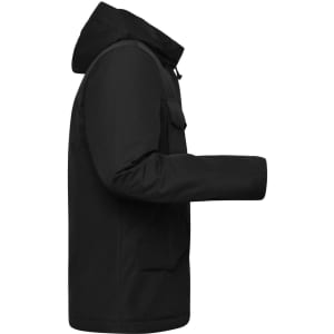 A black men's business jacket with a hood, featuring a side view and a front pocket.