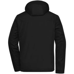 A black men's business jacket with a hood, featuring a simple back design and long sleeves.