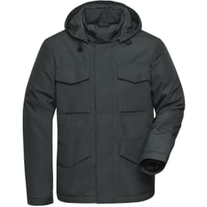 A dark grey men's business jacket with a hood and multiple front pockets. The jacket has a sleek, modern design.
