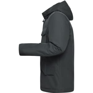 A men's business jacket in dark grey, featuring a hood and a side view design with pockets.