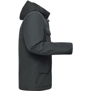 A men's business jacket in dark grey, featuring a hood and side pockets, with a logo on the sleeve.