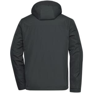 A men's business jacket in dark grey with a hood, featuring a simple design and an understated look.