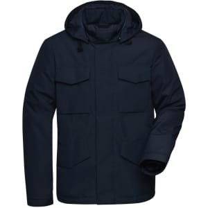 A navy blue men's business jacket with a hood, featuring multiple pockets and a zip closure.