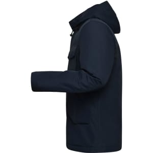 A navy men's business jacket with a hood, featuring a side view and pockets. It has a logo on the fabric.