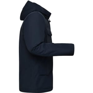 A navy men's business jacket featuring a hood and side pockets, with a logo on the fabric.
