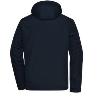 A men's business jacket in navy blue with a hood, featuring a simple back design and a logo.