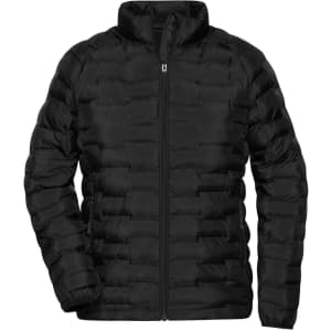 A black padded jacket with a zip front and stand-up collar. Features a logo on the jacket.