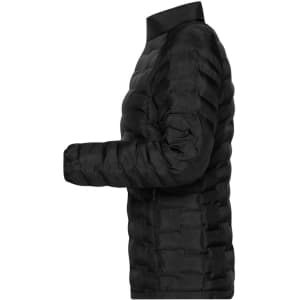 A black ladies modern padded jacket with a puffer design, featuring a high collar and a logo on the sleeve.
