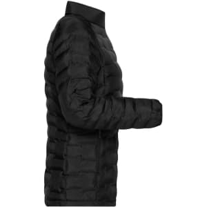 A black padded puffer jacket for ladies, featuring a sleek design and a high collar. It includes branding on the fabric.