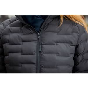 A black padded jacket featuring a zip closure and a quilted design. The fabric has a smooth finish.