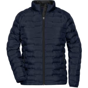 A navy blue modern padded jacket with a zip front and vertical quilted design. It features a logo on one side.