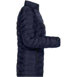 A navy padded jacket with a high collar and a streamlined design, featuring a side view of the garment.