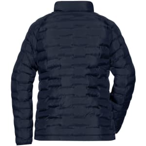 A navy blue padded jacket with a quilted design, featuring a high collar and no visible branding.