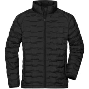 A black padded jacket with a zip front and high collar, featuring a textured pattern and a logo.