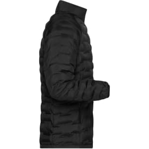 A black padded puffer jacket, featuring a streamlined design and a high collar. It includes branding details.