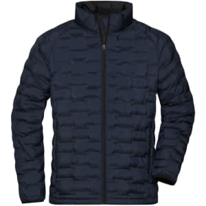 A men's modern padded jacket in navy blue, featuring a zip closure and a stand-up collar. It has a logo on the chest.
