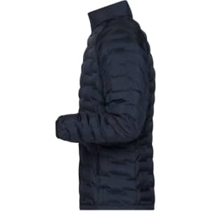 A navy men's modern padded jacket with a side profile view, featuring a quilted design and high collar.