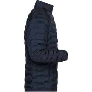 A modern navy padded puffer jacket with a streamlined design and a zipped pocket. Features a logo on the chest.