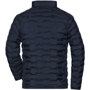 A men's modern padded jacket in navy, featuring a textured, quilted design and a high collar. It has a logo on the back.