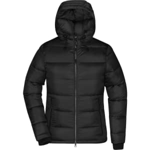 A black padded jacket with a hood, featuring a zip front and side pockets. Includes branding on the design.