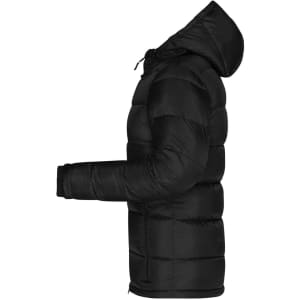 A black ladies padded jacket with a hood, featuring a puffer style and a side view presentation.