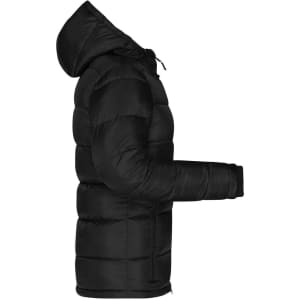 A black padded jacket with a hood, featuring puffer styling and a side view for detail.