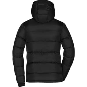 A black padded jacket with a hood, featuring a quilted design and a logo on the back.