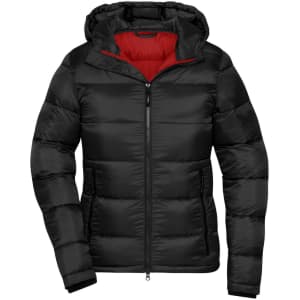 A puffer jacket in black with a red interior, featuring a hood and zippered front. It has a logo on the sleeve.
