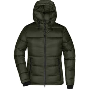 A dark green padded jacket with a hood, featuring zippered pockets and elastic cuffs. It has a logo on the chest.