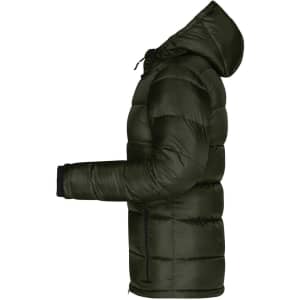 A dark green padded jacket with a hood, featuring zippered pockets and elastic cuffs. It has a logo on the chest.