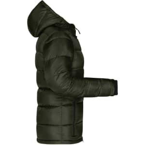 A puffer jacket in dark green, featuring a hood and a side view showcasing its padded design.