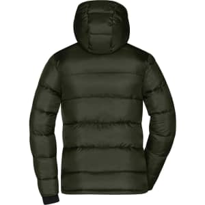 A padded puffer jacket in dark green with a hood, featuring a logo on the back.
