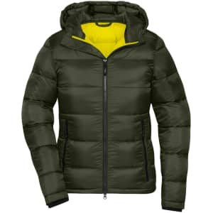 A green ladies' padded jacket with a hood and yellow lining, featuring a zip front and pockets.